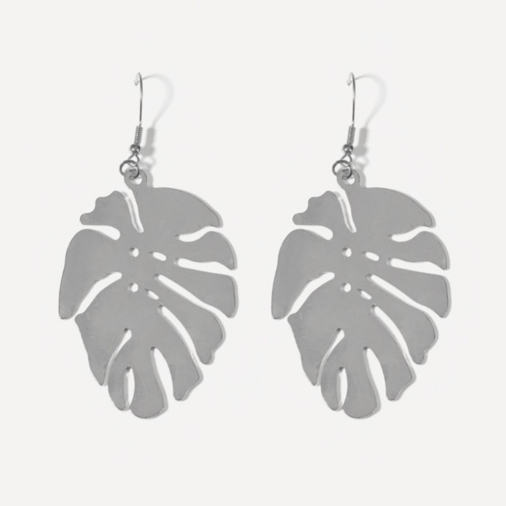 Metal Tropical Leaf Dangle Earrings - Silver